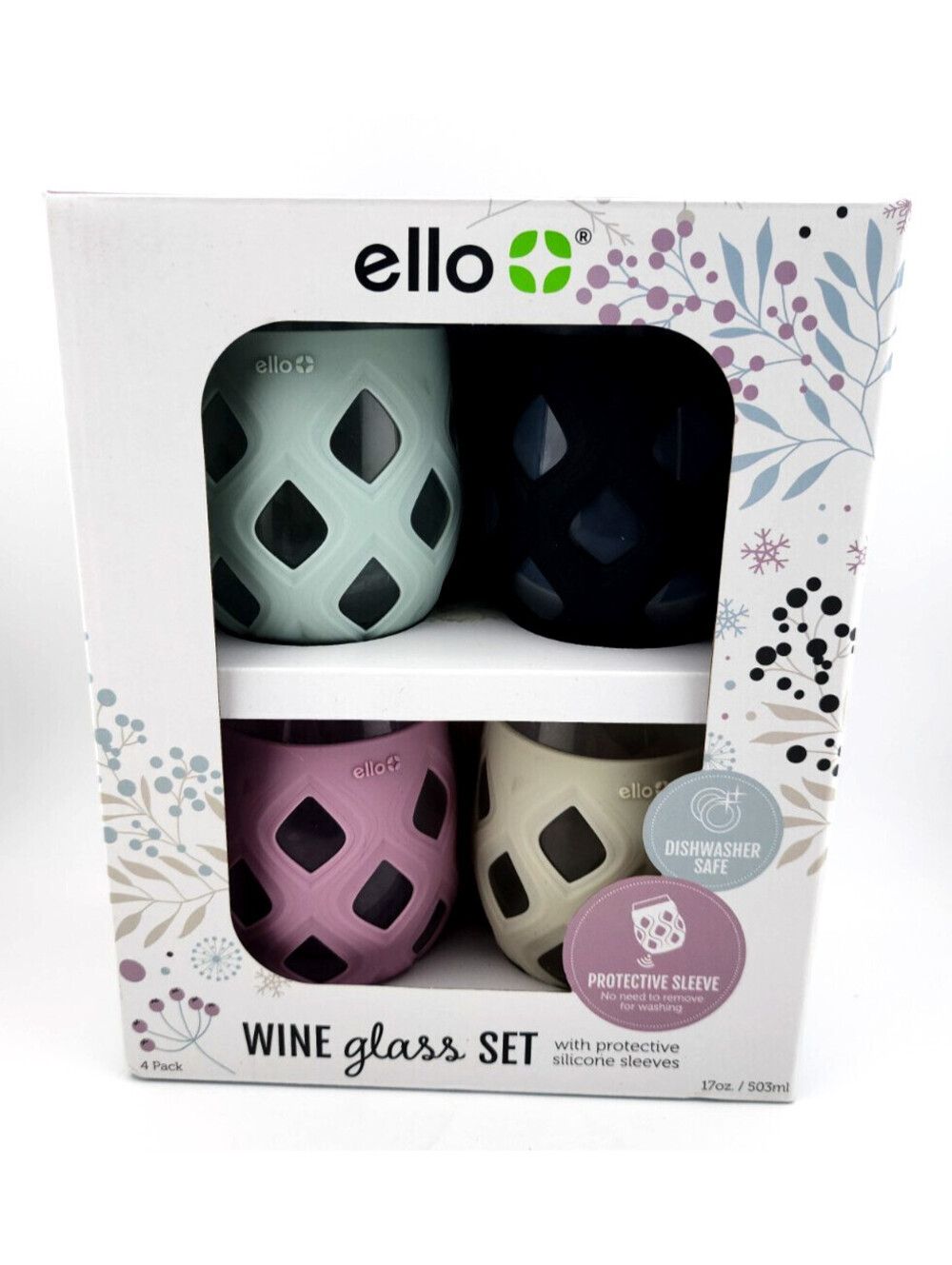 Ello Wine Glass Set 4 Pcs Silicone Sleeves - 17 oz Size - New Camping